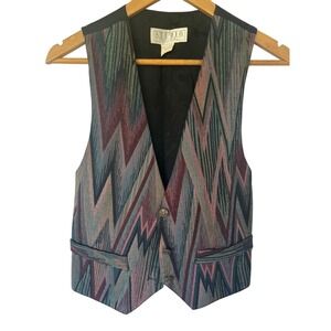 Vintage Tapestry Chevron Vest‎ Western Multi Color Small Eclectic Grandpa 90's